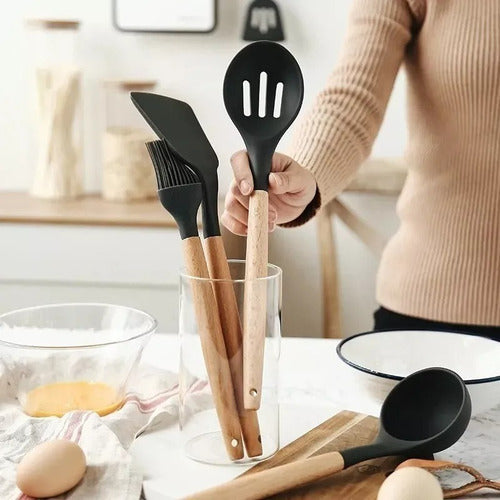 Juego Set Utensillos Menage Cocina Silicona Madera 11 Pzas