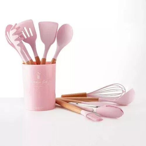 Juego Set Utensillos Menage Cocina Silicona Madera 11 Pzas