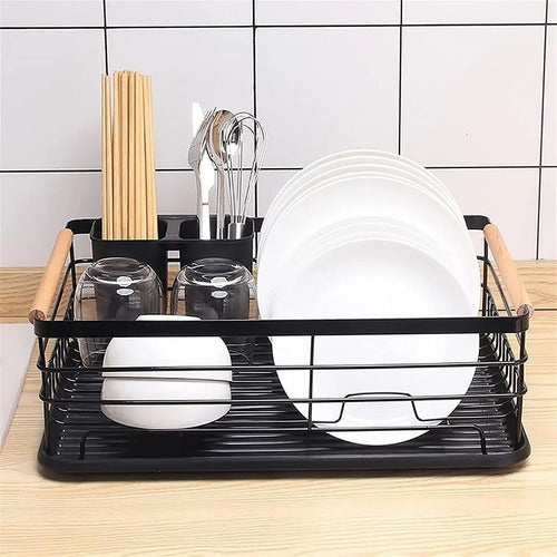 Escurridor Seca Platos Vajilla De Metal Asa De Madera Cocina Negro