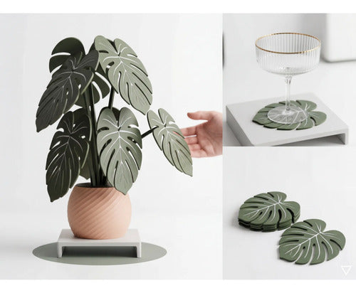 Posavasos Apoya Vasos Planta Diseño Moderno Naturalista Verde Oscuro