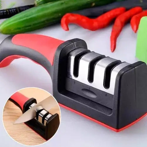 Afilador Cuchillos Tijeras Cuchillas Mango Ergonomico Rojo