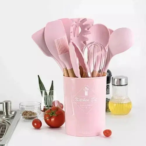Juego Set Utensillos Menage Cocina Silicona Madera 11 Pzas