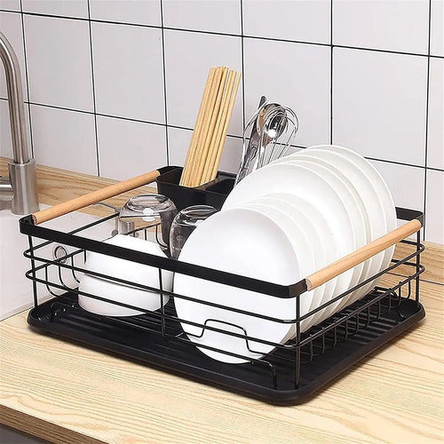 Escurridor Seca Platos Vajilla De Metal Asa De Madera Cocina Negro