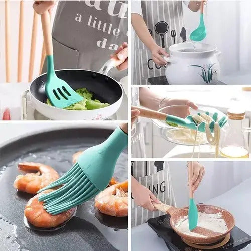 Juego Set Utensillos Menage Cocina Silicona Madera 11 Pzas