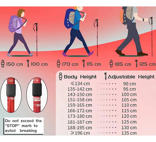 Baston De Tekking Senderismo 135cm Antishock Color Rojo