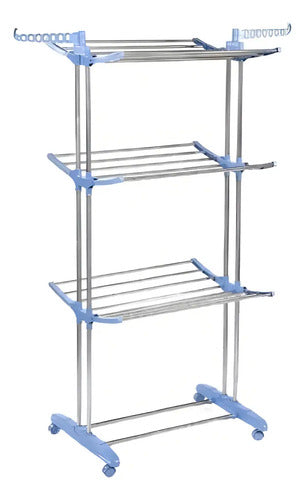 Tendedero Tender Seca Ropa Vertical Plegable C/ruedas Resistente Metalico Gran Capacidad 3 Niveles Facil Armado Espacios Reducidos Celeste