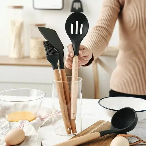 Juego Set Utensillos Menage Cocina Silicona Madera 11 Pzas