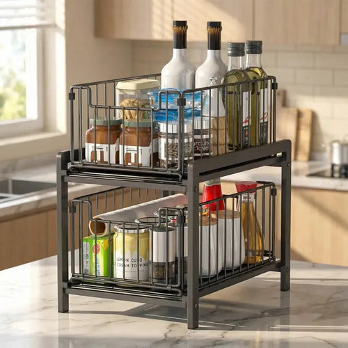 Organizador De Gabinetes De Cocina Teloconsigo Organizador Bajo Mesada 2 Nivl X1 Negro De 38cm X 26cm X 37cm
