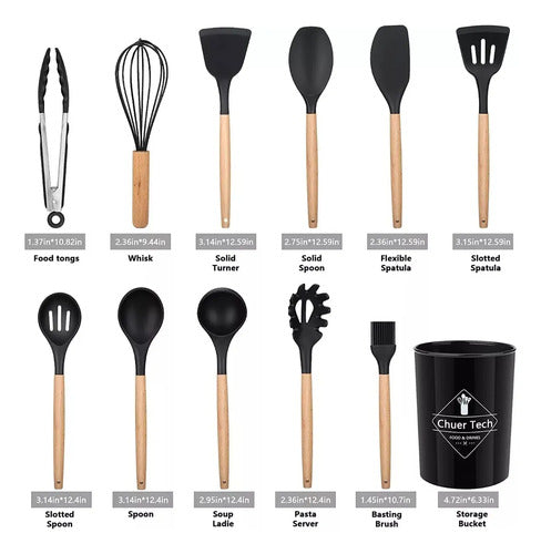 Kit Set X12 Utensilios Cocina Madera Y Silicona Excelente