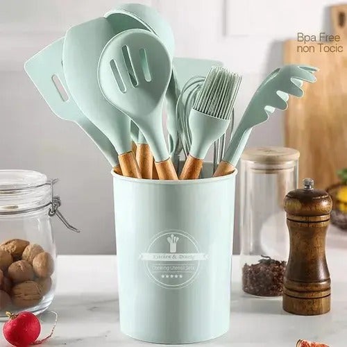 Juego Set Utensillos Menage Cocina Silicona Madera 11 Pzas