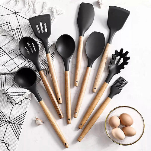 Kit Set X12 Utensilios Cocina Madera Y Silicona Excelente