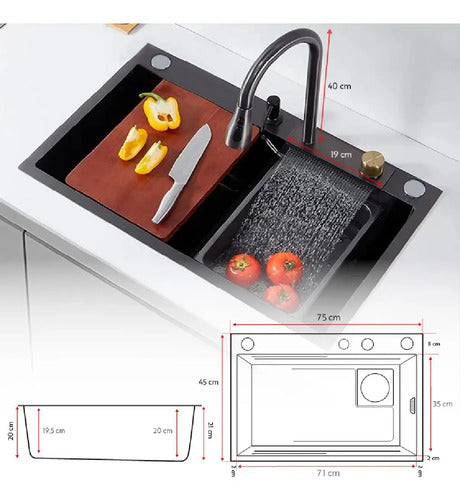 Pileta De Cocina Acero Inox Multifuncional 75x45cm Negro