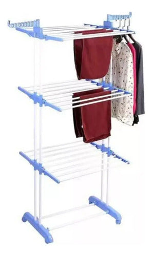 Tendedero Tender Seca Ropa Vertical Plegable C/ruedas Resistente Metalico Gran Capacidad 3 Niveles Facil Armado Espacios Reducidos Celeste