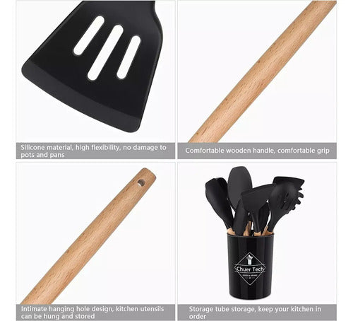 Kit Set X12 Utensilios Cocina Madera Y Silicona Excelente