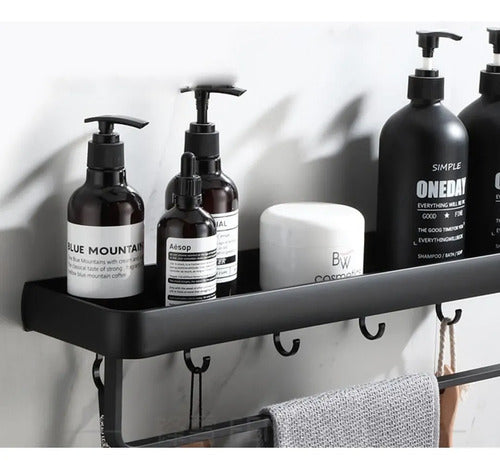 Estante Para Baño Minimalista Con Toallero Y Ganchos Negro