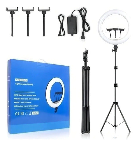 Aro De Luz Led 45 Cm 50w Trípode 1.9 M Blanco Cálido Negro