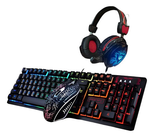 Kit Teclado + Raton Y Auriculares Gamer Iluminación Rgb Pc Negro