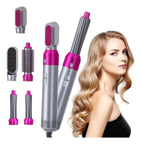 Secador Pelo Cepillo Cabello Alizador Rizador Volumen 5 En 1 Plateado