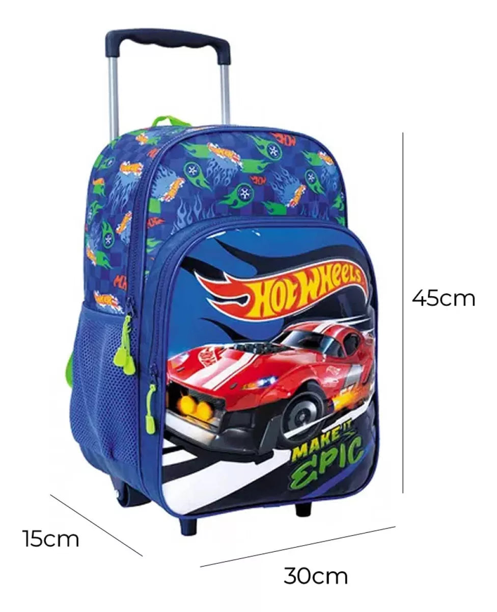 Mochila Infantil Hot Wheels C/carro 40cm Rueditas