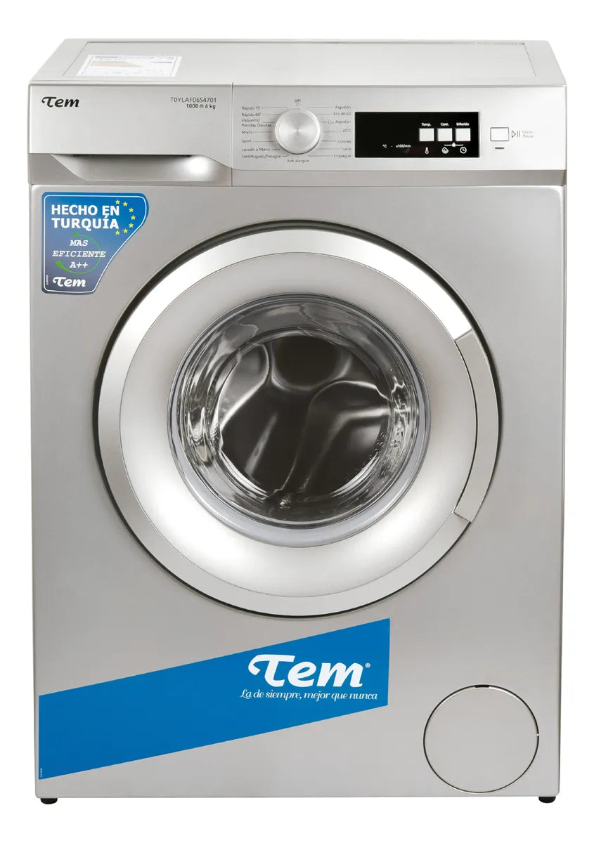 Lavarropas Tem 6 Kg Con 15 Programas Y Display Digital Plateado