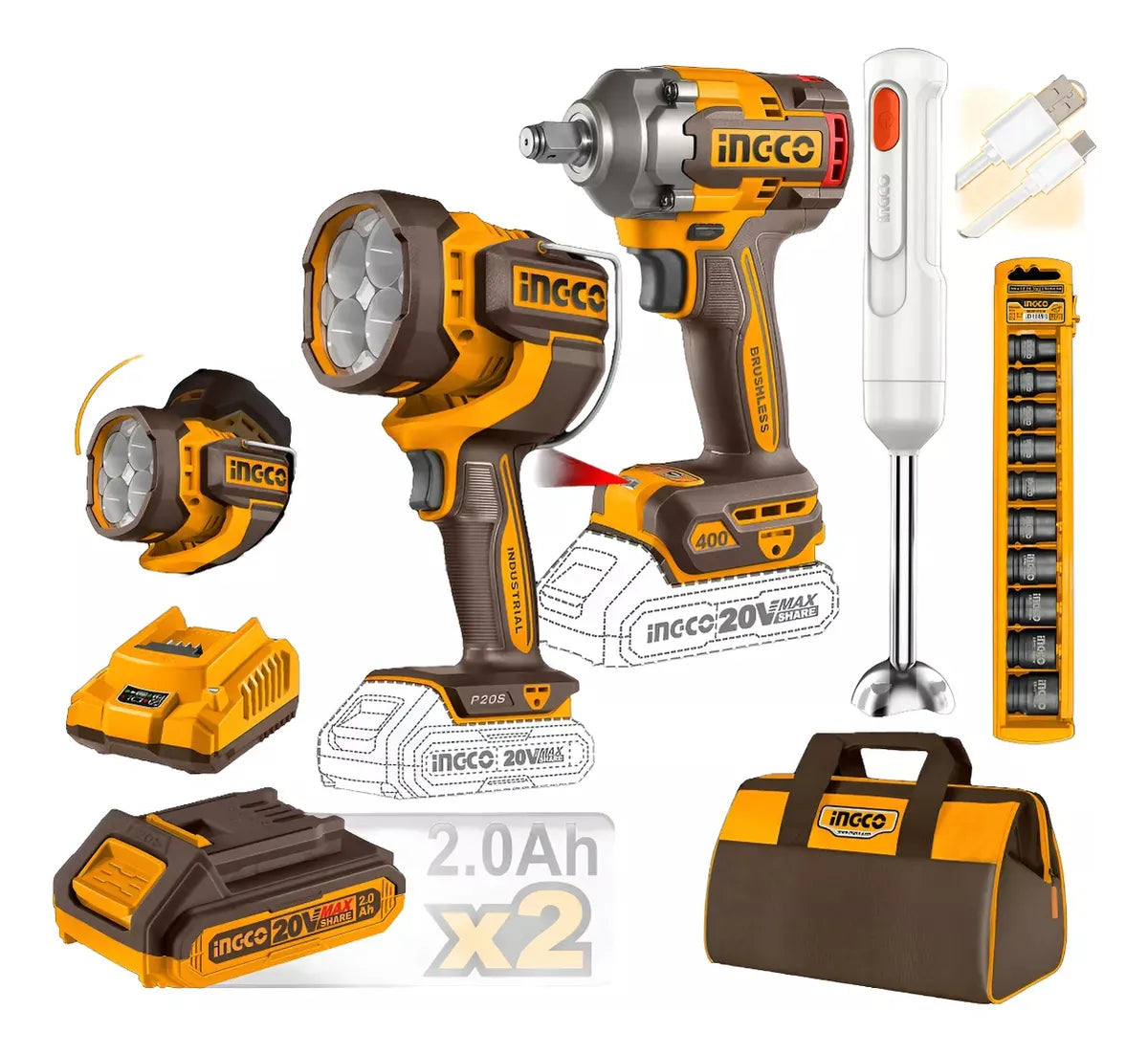 Set Llave De Impacto 400nm 20v Bateria P20s + Linterna