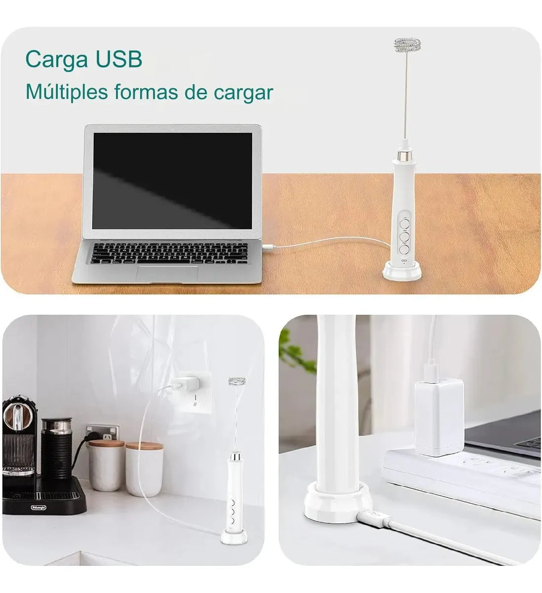 Mini Batidor Recargable Usb Acero Inoxidable 3 Velocidades