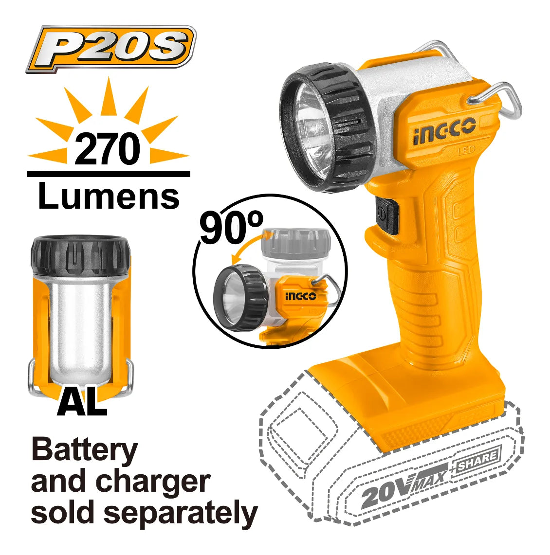 Linterna 20v A Bateria 270lumens Ingco Cwli2038 Smf Linterna