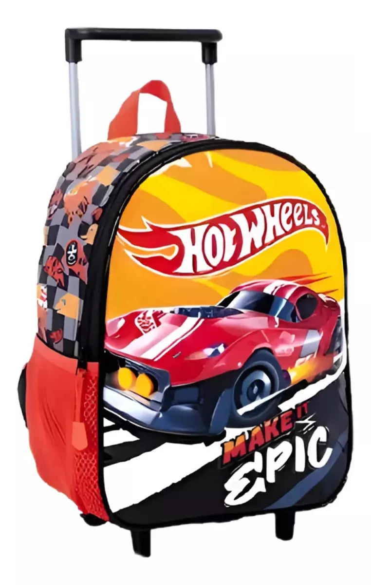 Mochila Infantil Hot Wheels C/carro 40cm Rueditas