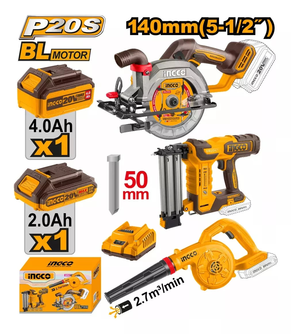 Kit Sierra Circular + Clavadora + Sopladora 20v Ingco