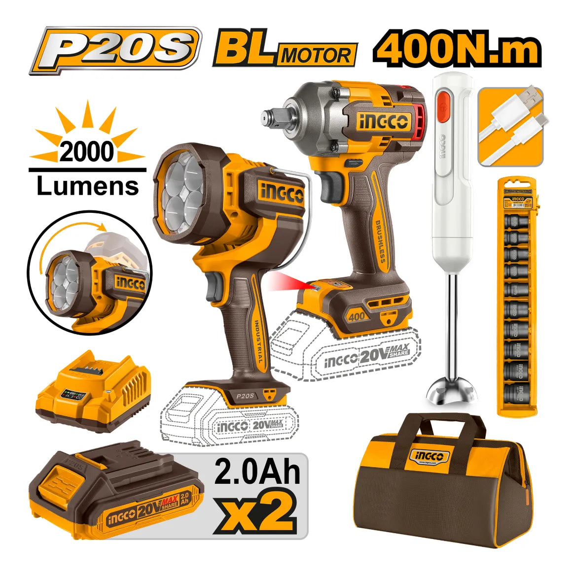 Set Llave De Impacto 400nm 20v Bateria P20s + Linterna