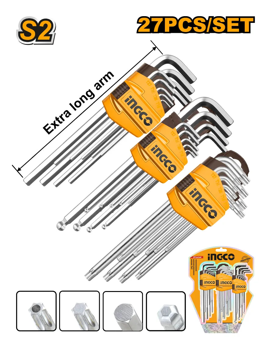 Set X 27 Llave Allen Y Trox Extra Larga Ingco Hhkset0271