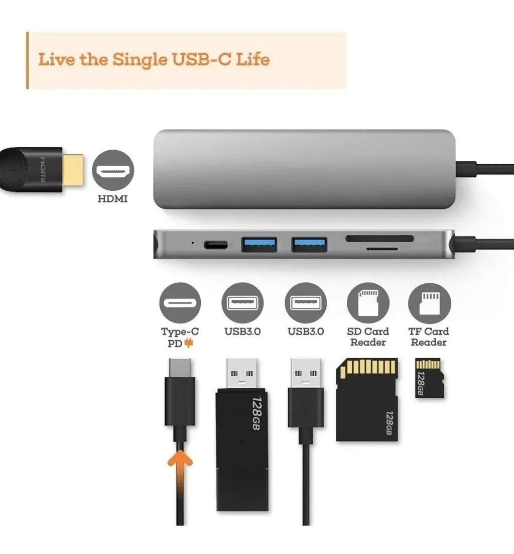 Hub Usb 6 En 1 Usb-c 3.0 Hdmi Sd Mac/laptop+ Cargador Usb-c