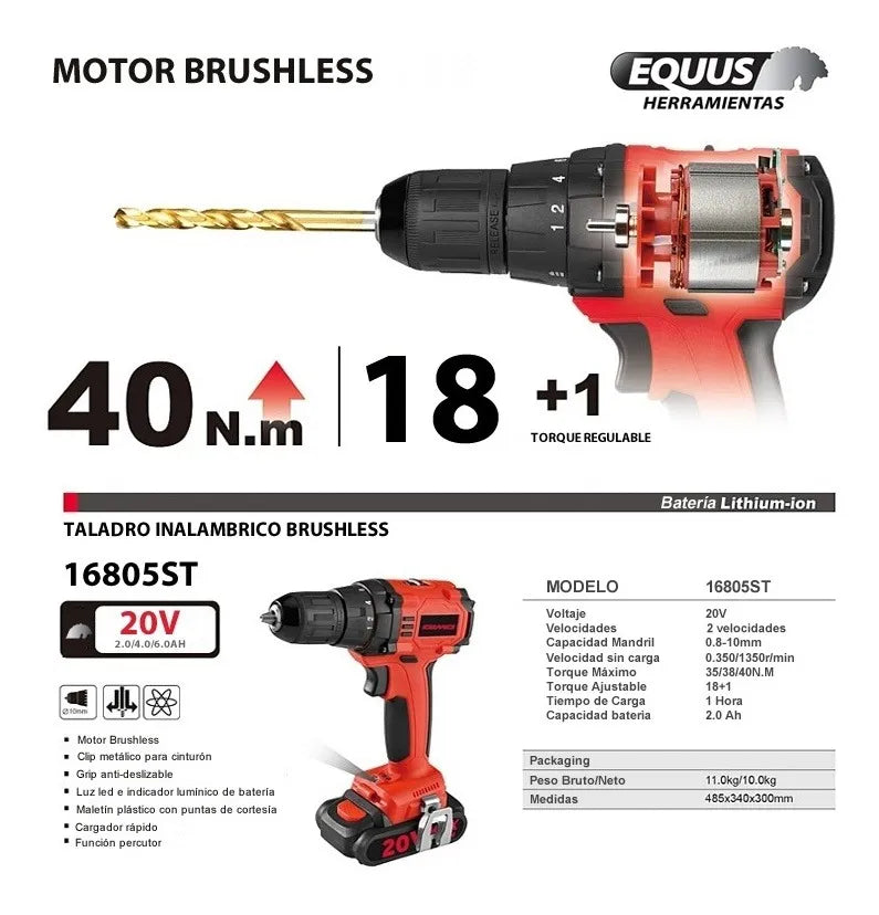 Taladro Atornillador Inalambrico Equus Brushless 20v 16805st Rojo