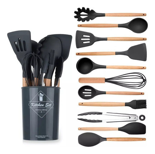 Juego Set Utensillos Menage Cocina Silicona Madera 11 Pzas