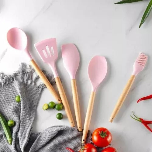 Juego Set Utensillos Menage Cocina Silicona Madera 11 Pzas