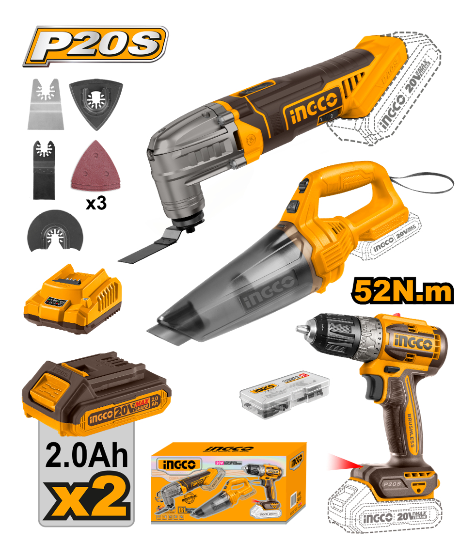 Combo Taladro Atornillador 10mm 52nm 20v P20s Ingco - Imagen 3