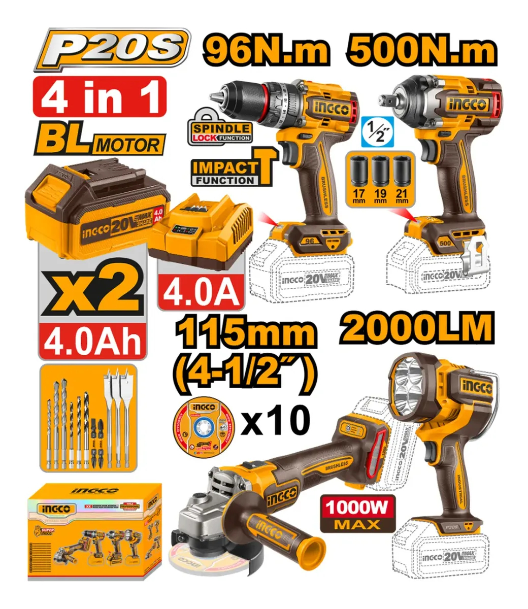 Kit Ingco 4 Herramientas Inalambricas P20s 20v Con Baterias - Imagen 4