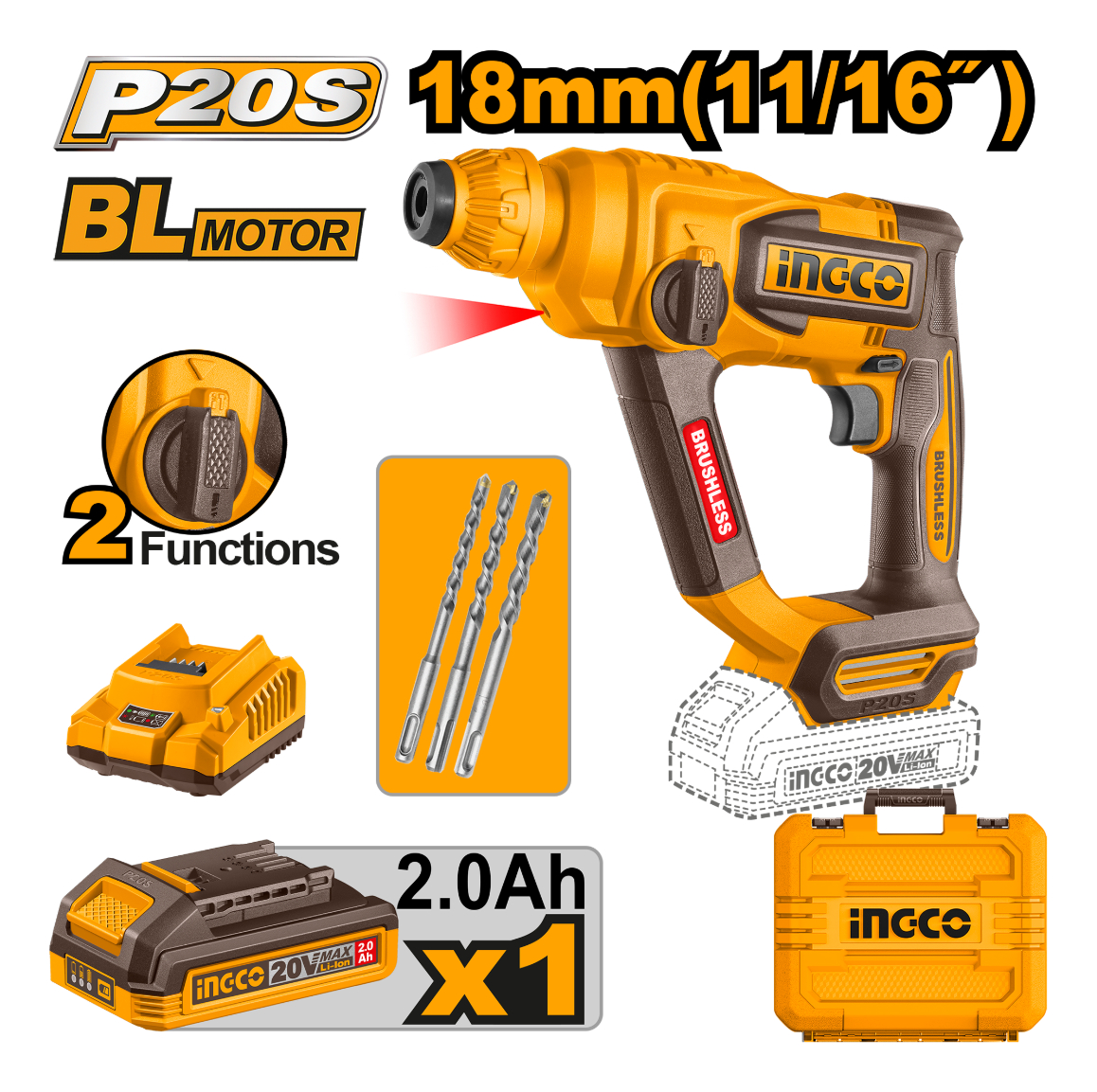 Rotomartillo A Batería20v Sds Plus1.8j Ingco - Imagen 2