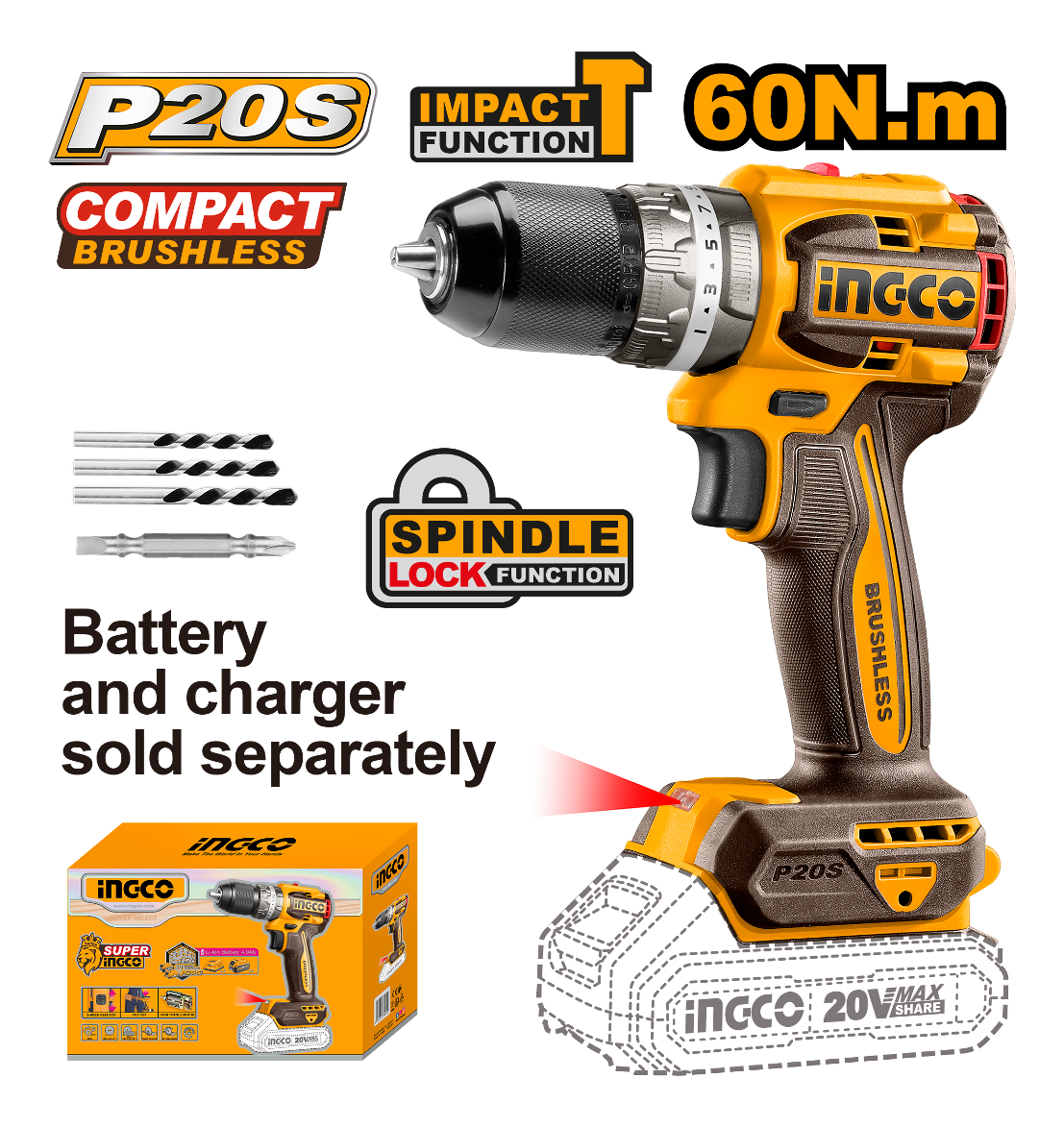 Combo Atornillador C Percutor (cidli20602) Mas Amoladora (cagli21154) 2 Bat Carg Mas Valija Ingco Ckli20273 Naranja Claro 50hz/60hz - Imagen 3