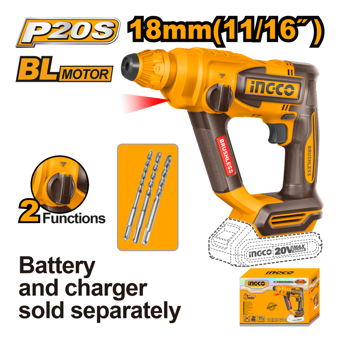 Rotomartillo Batería 20v Sds Plus 1.8j +acc Ingco Crhli20188 - Imagen 2
