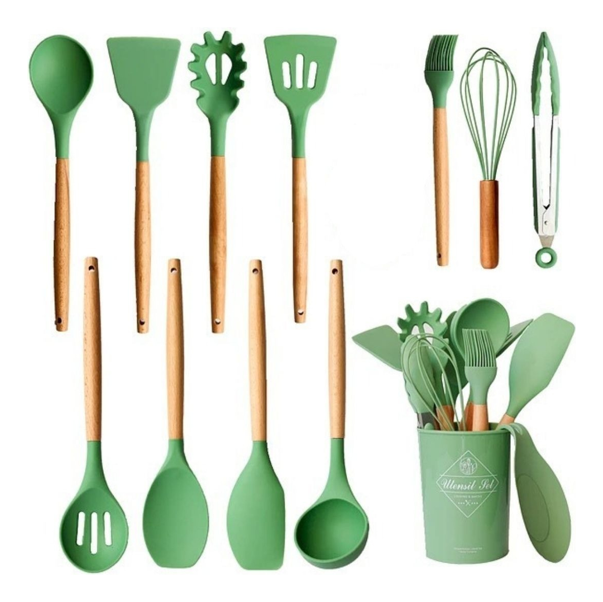 Juego Set Utensillos Menage Cocina Silicona Madera 11 Pzas