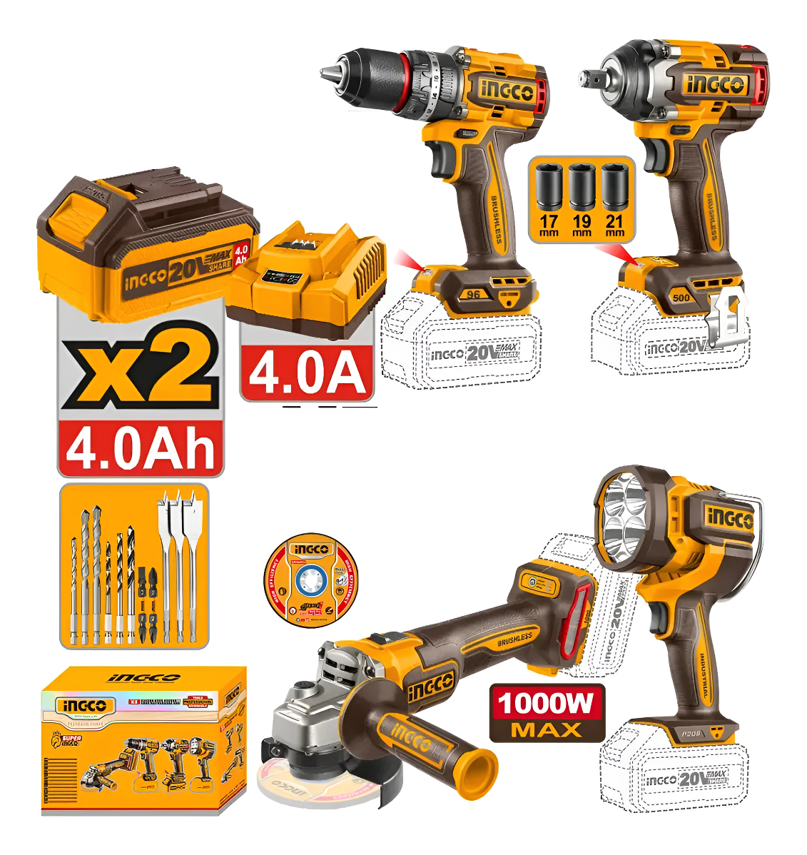 Kit Ingco 4 Herramientas Inalambricas P20s 20v Con Baterias
