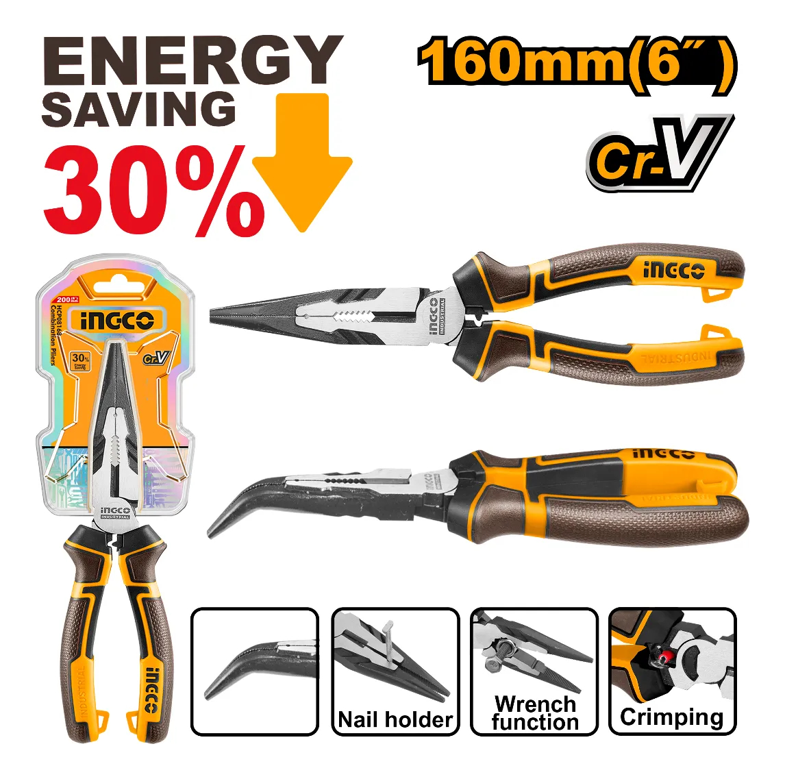 Pinza Punta Doblada 160mm 6 Cr-v Ingco Hhbnp28160 - Imagen 3