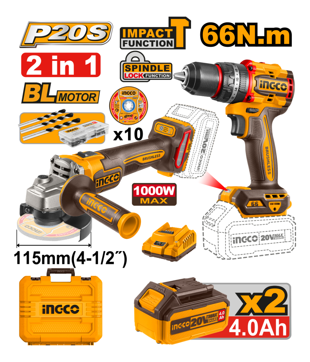 Combo Atornillador C Percutor (cidli20602) Mas Amoladora (cagli21154) 2 Bat Carg Mas Valija Ingco Ckli20273 Naranja Claro 50hz/60hz - Imagen 6