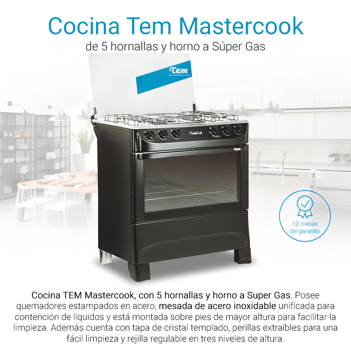 Cocina Tem Mastercook Glp Color Negro Con Puerta Con Visor - Imagen 4