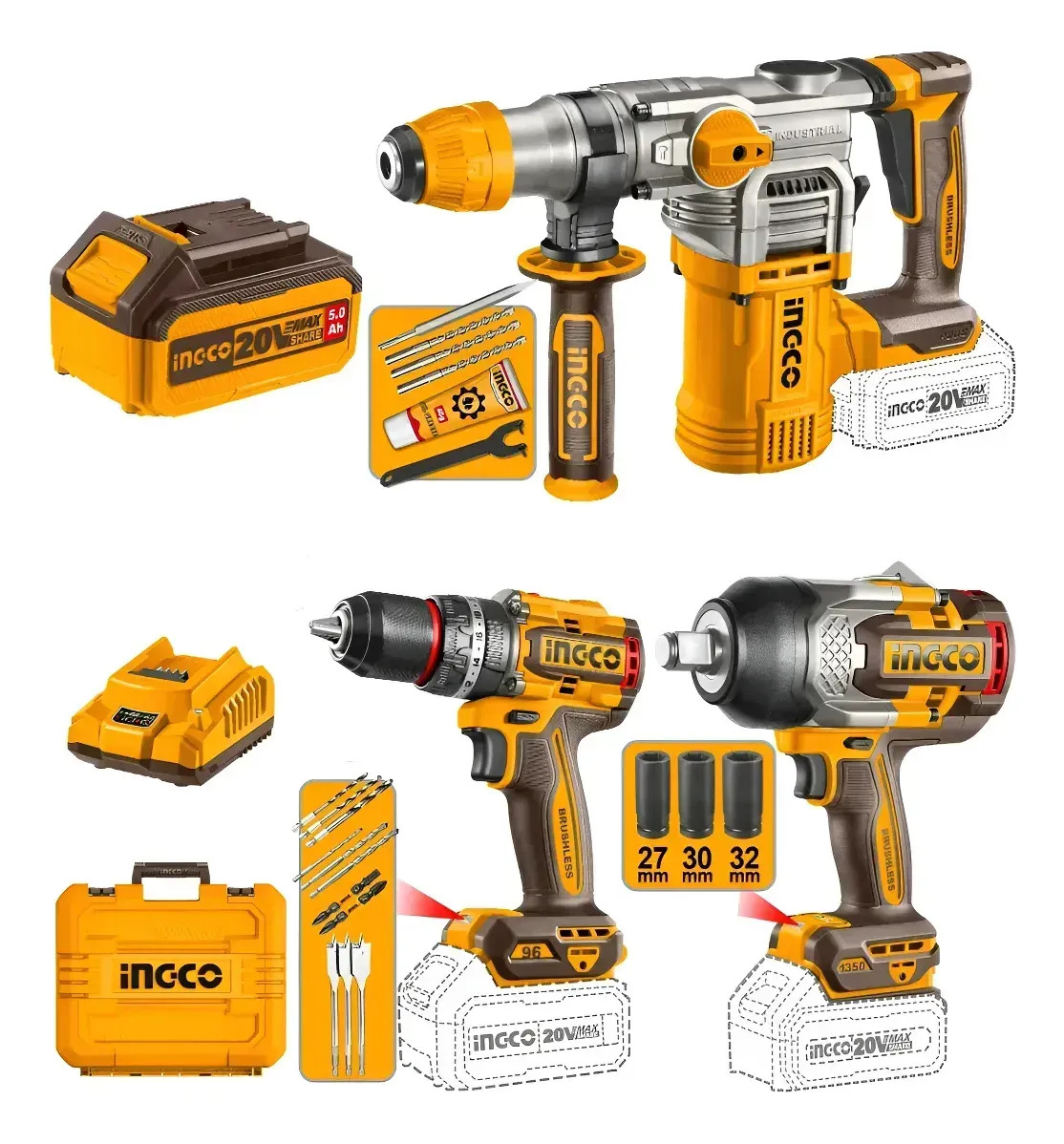 Kit Rotomartillo+taladro Atorn + Llave Impacto 3/4 Ingco - Imagen 3