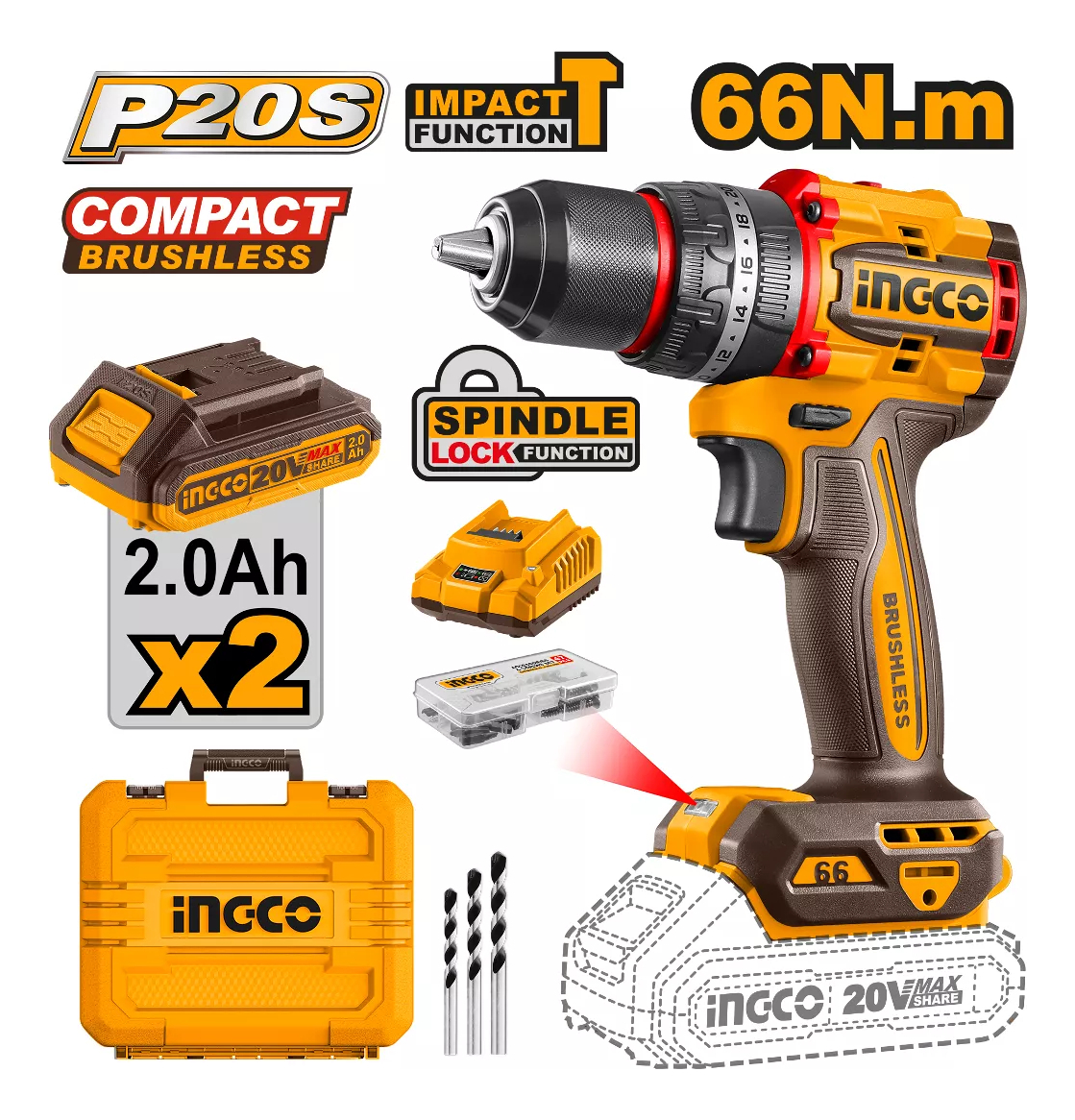 Taladro Atornillador Percutor 13mm Brushless Cidli20668 Color Amarillo Frecuencia 50hz 60hz - Imagen 2