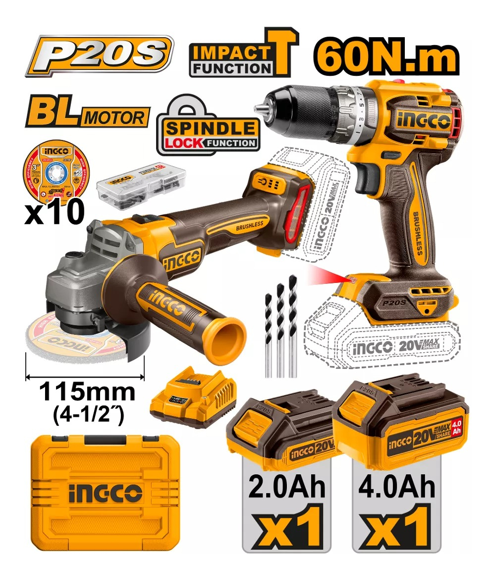 Amoladora 20v + Taladro Percutor +2 Baterias Ingco Ckli20273