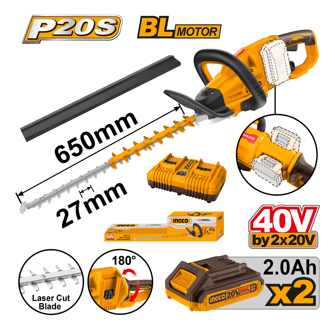 Corta Cerco A Bateria 650mm 40v Ingco Chtli400282 - Imagen 2