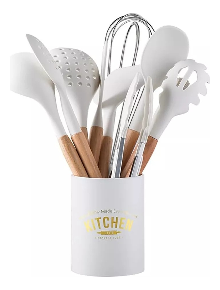 Juego Set Utensillos Menage Cocina Silicona Madera 11 Pzas - Imagen 2